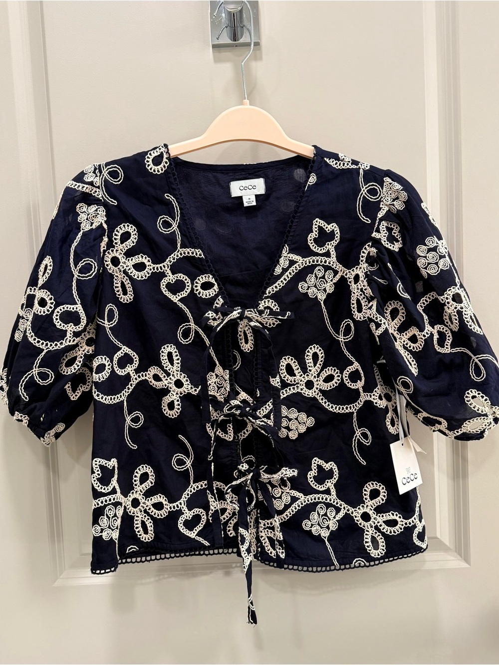 CeCe Navy Lace-Embroidered Tie-Front Puff Sleeve Top